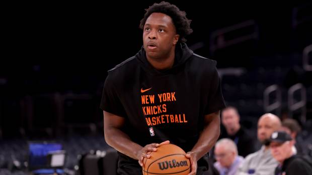 May 19, 2024; New York, New York, USA; New York Knicks forward OG Anunoby (8) warms up before game seven of the second round of the 2024 NBA playoffs against the Indiana Pacers at Madison Square Garden.