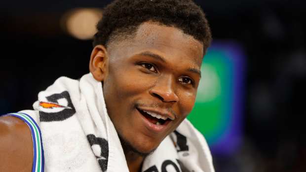 Dec 30, 2023; Minneapolis, Minnesota, USA; Minnesota Timberwolves guard Anthony Edwards (5) smiles as he gives an interview after defeating the Los Angeles Lakers at Target Center. Mandatory Credit: Bruce Kluckhohn-USA TODAY Sports  