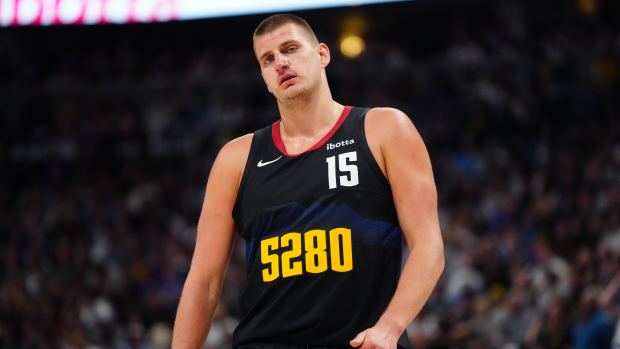 May 19, 2024; Denver, Colorado, USA; Denver Nuggets center Nikola Jokic (15) during the first half against the Minnesota Timberwolves in game seven of the second round for the 2024 NBA playoffs at Ball Arena.