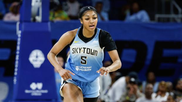 Chicago Sky forward Angel Reese (5) reacts during the first half of a WNBA game against the Connecticut Sun at Wintrust Arena.
