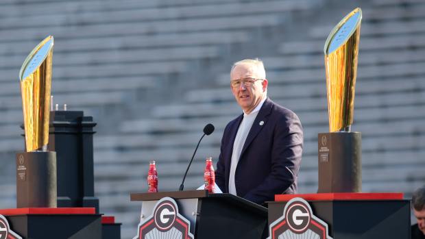 Jan 14, 2023; Athens, GA, USA; SEC commissioner Greg Sankey speaks at the Georgia Bulldogs national championship celebration at Sanford Stadium. 