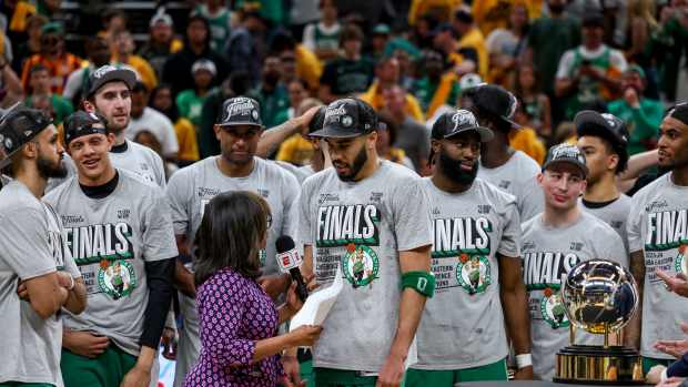 May 27, 2024; Indianapolis, Indiana, USA; The Boston Celtics celebrate their win against the Indiana Pacers game four of the eastern conference finals for the 2024 NBA playoffs at Gainbridge Fieldhouse. Mandatory Credit: Trevor Ruszkowski-USA TODAY Sports
