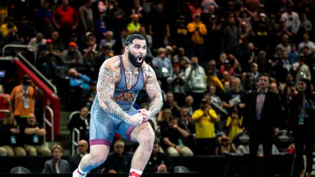 Minnesota's Gable Steveson reacts after his match at 285 pounds in the finals during the sixth session of the NCAA Division I Wrestling Championships, Saturday, March 19, 2022, at Little Caesars Arena in Detroit, Mich. 220319 Ncaa Session 6 Wr 023 Jpg  