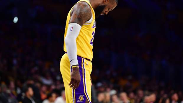 Apr 25, 2024; Los Angeles, California, USA; Los Angeles Lakers forward LeBron James (23) reacts during the first half in game three of the first round for the 2024 NBA playoffs at Crypto.com Arena. Mandatory Credit: Gary A. Vasquez-USA TODAY Sports  