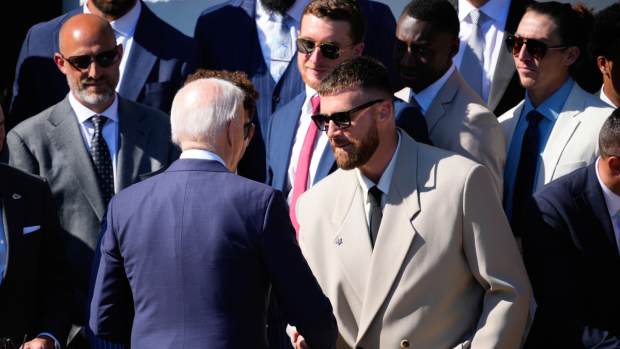 President Joe Biden shakes hands with Kansas City Chiefs tight end Travis Kelce as he welcomes the team to the White House to celebrate their championship season and victory in Super Bowl LVIII on Friday, May 31, 2024. Mandatory Credit: Josh Morgan-USA TODAY