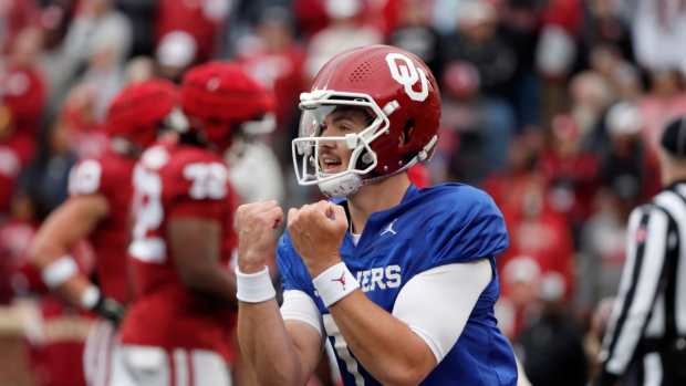 Oklahoma's Jackson Arnold celebrates after throwing a touchdown during a University of Oklahoma (OU) Sooners spring football game at Gaylord Family-Oklahoma Memorial Stadium.