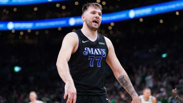 Jun 6, 2024; Boston, Massachusetts, USA; Dallas Mavericks guard Luka Doncic (77) reacts in the third quarter against the Boston Celtics during game one of the 2024 NBA Finals at TD Garden