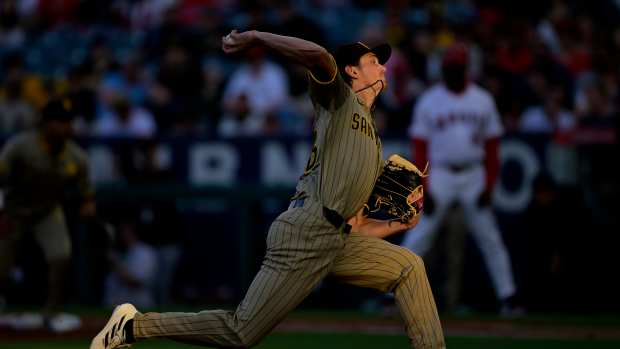 San Diego Padres starting pitcher Adam Mazur (36) delivers to the plate in the second inning against the Los Angeles Angels at Angel Stadium in Anaheim, Calif., on June 4, 2024.