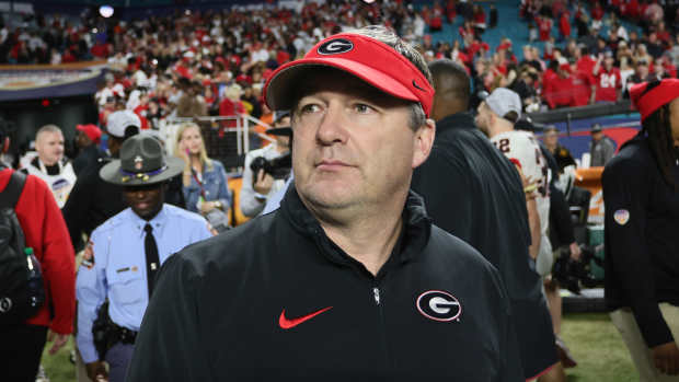 Dec 30, 2023; Miami Gardens, FL, USA; Georgia Bulldogs head coach Kirby Smart reacts after the 2023 Orange Bowl at Hard Rock Stadium.