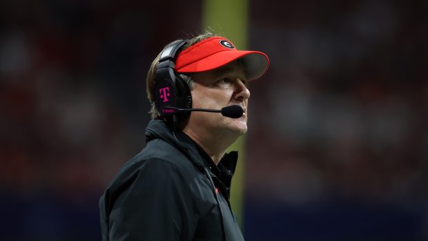 Dec 2, 2023; Atlanta, GA, USA; Georgia Bulldogs head coach Kirby Smart looks on in the third quarter against the Alabama Crimson Tide at Mercedes-Benz Stadium. 