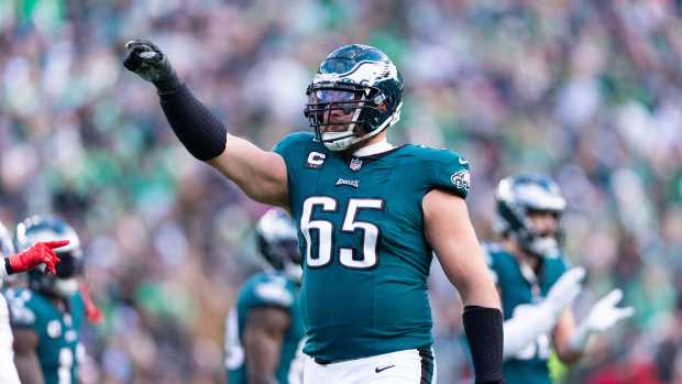 Dec 31, 2023; Philadelphia, Pennsylvania, USA; Philadelphia Eagles offensive tackle Lane Johnson (65) reacts against the Arizona Cardinals at Lincoln Financial Field.