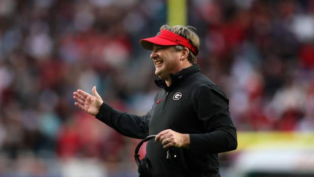 Dec 30, 2023; Miami Gardens, FL, USA; Georgia Bulldogs head coach Kirby Smart reacts during the first half in the 2023 Orange Bowl against the Florida State Seminoles at Hard Rock Stadium.