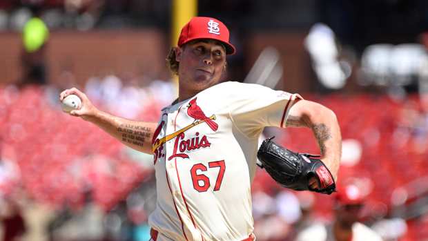 Jun 29, 2024; St. Louis, Missouri, USA; St. Louis Cardinals pitcher Gordon Graceffo (67) makes his MLB Debut throwing against the Cincinnati Reds during the fifth inning at Busch Stadium.