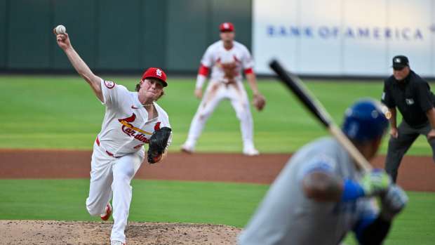 Jul 10, 2024; St. Louis, Missouri, USA; St. Louis Cardinals starting pitcher Gordon Graceffo (67) pitches against Kansas City Royals designated hitter Salvador Perez (13) during the fourth inning at Busch Stadium.