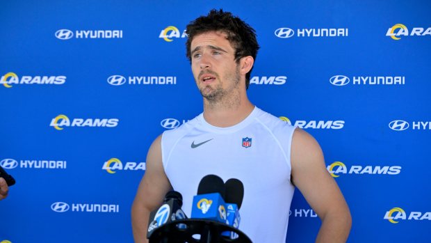 May 28, 2024; Thousand Oaks, CA, USA; Los Angeles Rams quarterback Stetson Bennett (13) speaks to the media following OTAs at the team training facility at California Lutheran University.