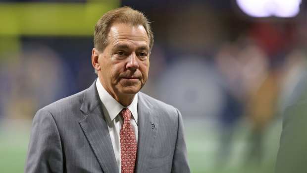 Dec 2, 2023; Atlanta, GA, USA; Alabama Crimson Tide head coach Nick Saban walks onto the field before the SEC Championship game against the Georgia Bulldogs at Mercedes-Benz Stadium. 