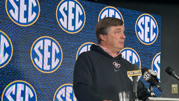 Georgia football coach Kirby Smart speaks with reporters on May 28, 2024 in Miramar Beach, Fla.