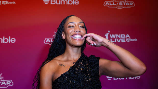 Las Vegas Aces center A'ja Wilson shows her grill teeth during the WNBA All Star weekend on July 18, 2024.