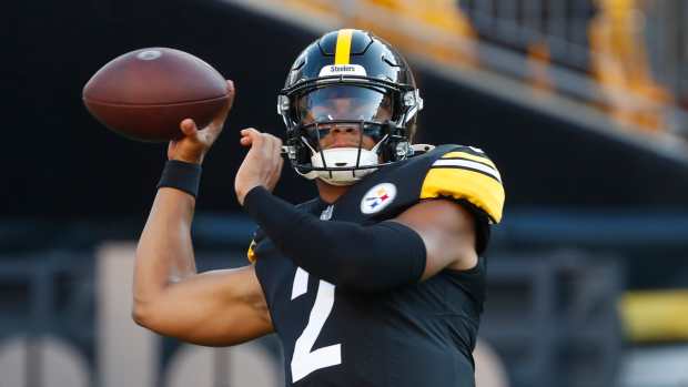 Aug 9, 2024; Pittsburgh, Pennsylvania, USA; Pittsburgh Steelers quarterback Justin Fields (2) warms up before playing the Houston Texans at Acrisure Stadium.