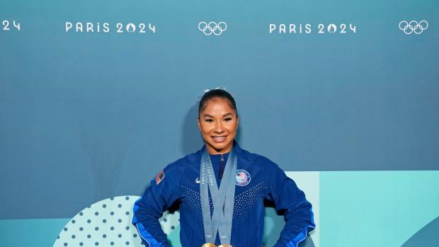 Jordan Chiles of the United States poses for a photo with her gold and bronze medasl after day three of the gymnastics event finals during the Paris 2024 Olympic Summer Games.