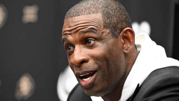 Colorado Buffaloes head coach Deion Sanders speaks to the media during the Big 12 Media Days at Allegiant Stadium.