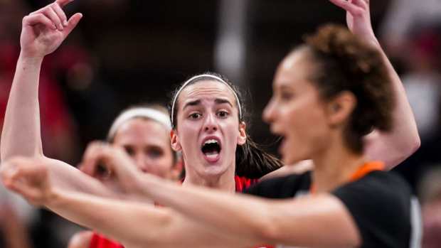 Indiana Fever guard Caitlin Clark complaining at WNBA referees.