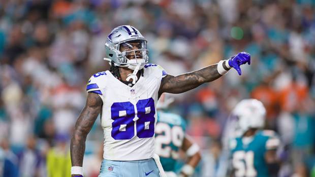 Dec 24, 2023; Miami Gardens, Florida, USA; Dallas Cowboys wide receiver CeeDee Lamb (88) reacts toward Miami Dolphins fans during the fourth quarter at Hard Rock Stadium.