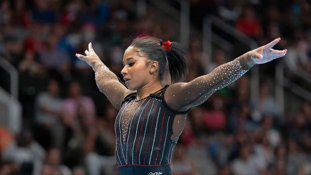 August 27, 2023; San Jose, California, USA; Jordan Chiles performs on the floor exercise during the 2023 U.S. Gymnastics Championships at SAP Center.