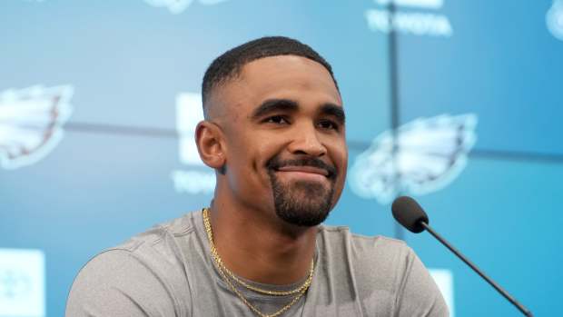 Philadelphia Eagles quarterback Jalen Hurts at press conference at the Neo Química Arena on September 5, 2024.