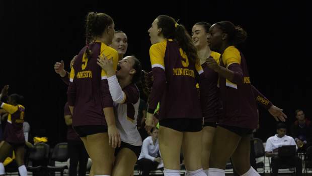 The Minnesota Golden Gophers volleyball team celebrates against TCU on Saturday, Sept. 7, 2024.