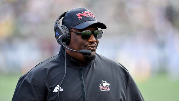 Sep 7, 2024; South Bend, Indiana, USA; Northern Illinois Huskies head coach Thomas Hammock watches in the first quarter against the Notre Dame Fighting Irish at Notre Dame Stadium. 