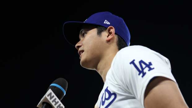 Shohei Ohtani (17) talks at post game interview after defeating the Chicago Cubs 10-8