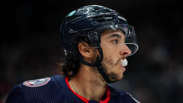 Columbus Blue Jackets left wing Johnny Gaudreau (13) skates down the ice.