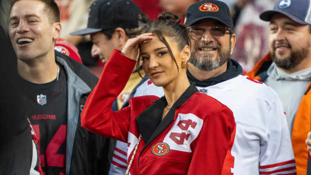 January 20, 2024; Santa Clara, CA, USA; Kristin Juszczyk, wife of San Francisco 49ers fullback Kyle Juszczyk (44), before a 2024 NFC divisional round game against the Green Bay Packers at Levi's Stadium.