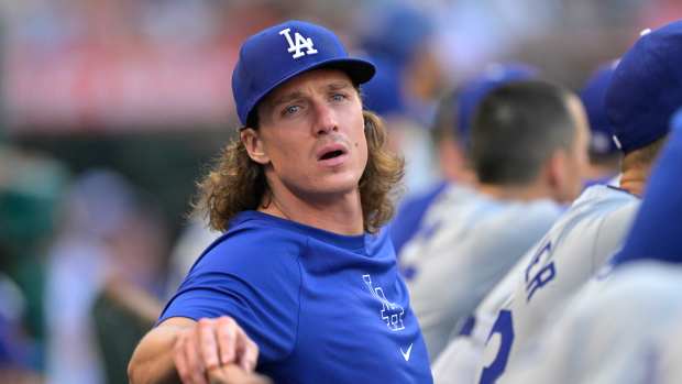 Sep 4, 2024; Anaheim, California, USA; Los Angeles Dodgers starting pitcher Tyler Glasnow (31) looks on from the dugout against the Los Angeles Angels at Angel Stadium.