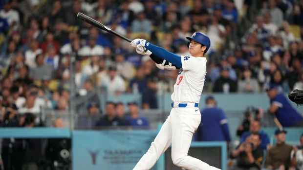 Sep 20, 2024; Los Angeles, California, USA; Los Angeles Dodgers designated hitter Shohei Ohtani (17) singles in the seventh inning against the Colorado Rockies at Dodger Stadium.