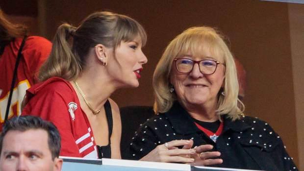 Taylor Swift watches Kansas City Chiefs with Kansas City Chiefs tight end Travis Kelce's mom Donna Kelce on October 12, 2023.