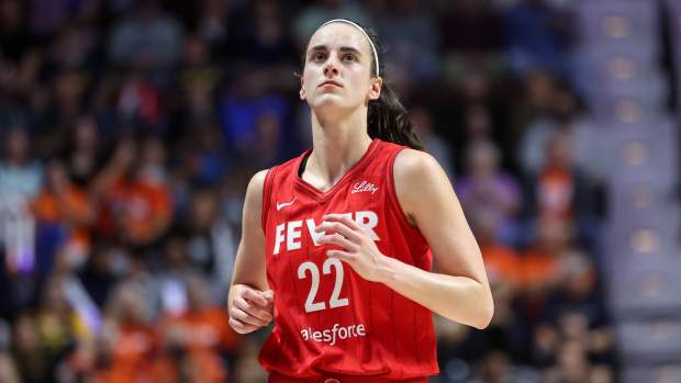 Indiana Fever guard Caitlin Clark (22) reacts during the first half against the Connecticut Sun during game two of the first round of the 2024 WNBA Playoffs at Mohegan Sun Arena.