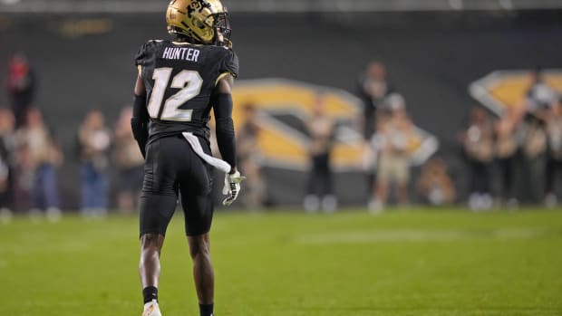 Sep 16, 2023; Boulder, Colorado, USA; Colorado Buffaloes cornerback Travis Hunter (12) at the line of scrimmage before a play against the Colorado State Rams during the first half at Folsom Field. Mandatory Credit: Andrew Wevers-USA TODAY Sports