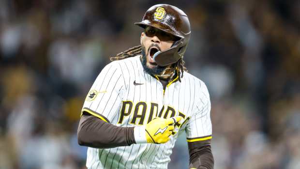 San Diego Padres right fielder Fernando Tatis Jr. (23) celebrates after hitting a two run home run during the eighth inning against the Chicago Cubs at Petco Park.