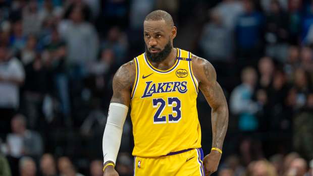Los Angeles Lakers forward LeBron James (23) looks on during a game.