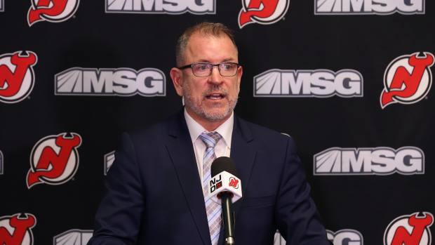 New Jersey Devils executive vice president/general manager Tom Fitzgerald, addresses the media.