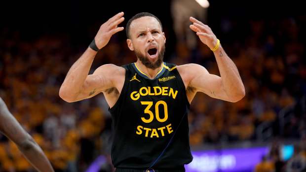 Golden State Warriors guard Stephen Curry (30) reacts after being fouled against the Houston Rockets in the 2025 NBA Playoffs at Chase Center.