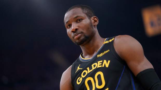 Golden State Warriors forward Jonathan Kuminga stands on the court against the Minnesota Timberwolves at Chase Center.