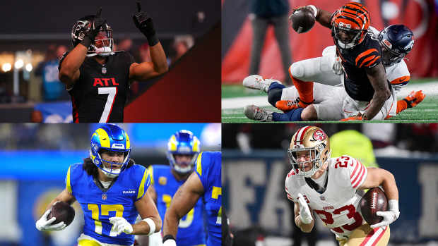 Clockwise from top left: Bijan Robinson, Ja’Marr Chase, Christian McCaffrey, Puka Nacua