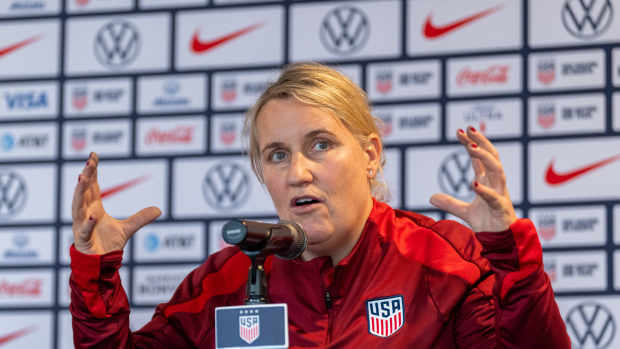 Emma Hayes of the United States talks to the media before USWNT training at Lynn Family Stadium