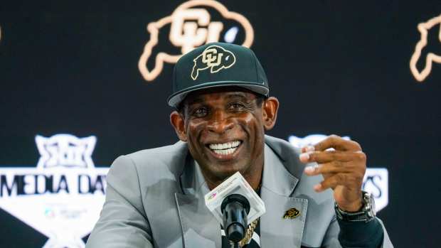 Colorado head coach Deion Sanders speaks at 2025 Big 12 Football Media Days.