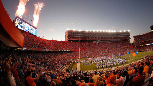 A general view of Florida Field as fireworks go off at Ben Hill Griffin Stadium.