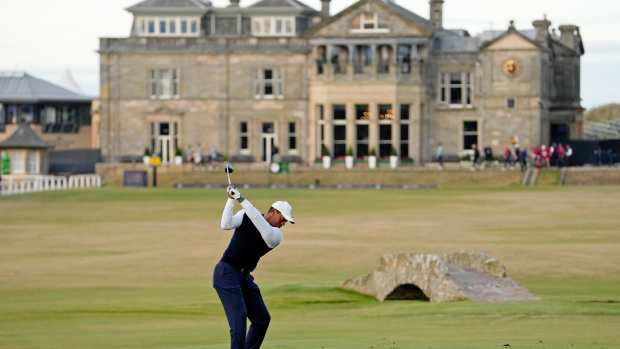 Tiger Woods tees off on the 18th hole during the first round of the 150th Open Championship at St. Andrews Old Course; July 14, 2022; St. Andrews, SCT