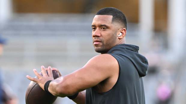 Oct 6, 2024; Pittsburgh, Pennsylvania, USA; Pittsburgh Steelers quarterback Russell Wilson (3) works out before a game against the Dallas Cowboys at Acrisure Stadium. Mandatory Credit: Barry Reeger-Imagn Images